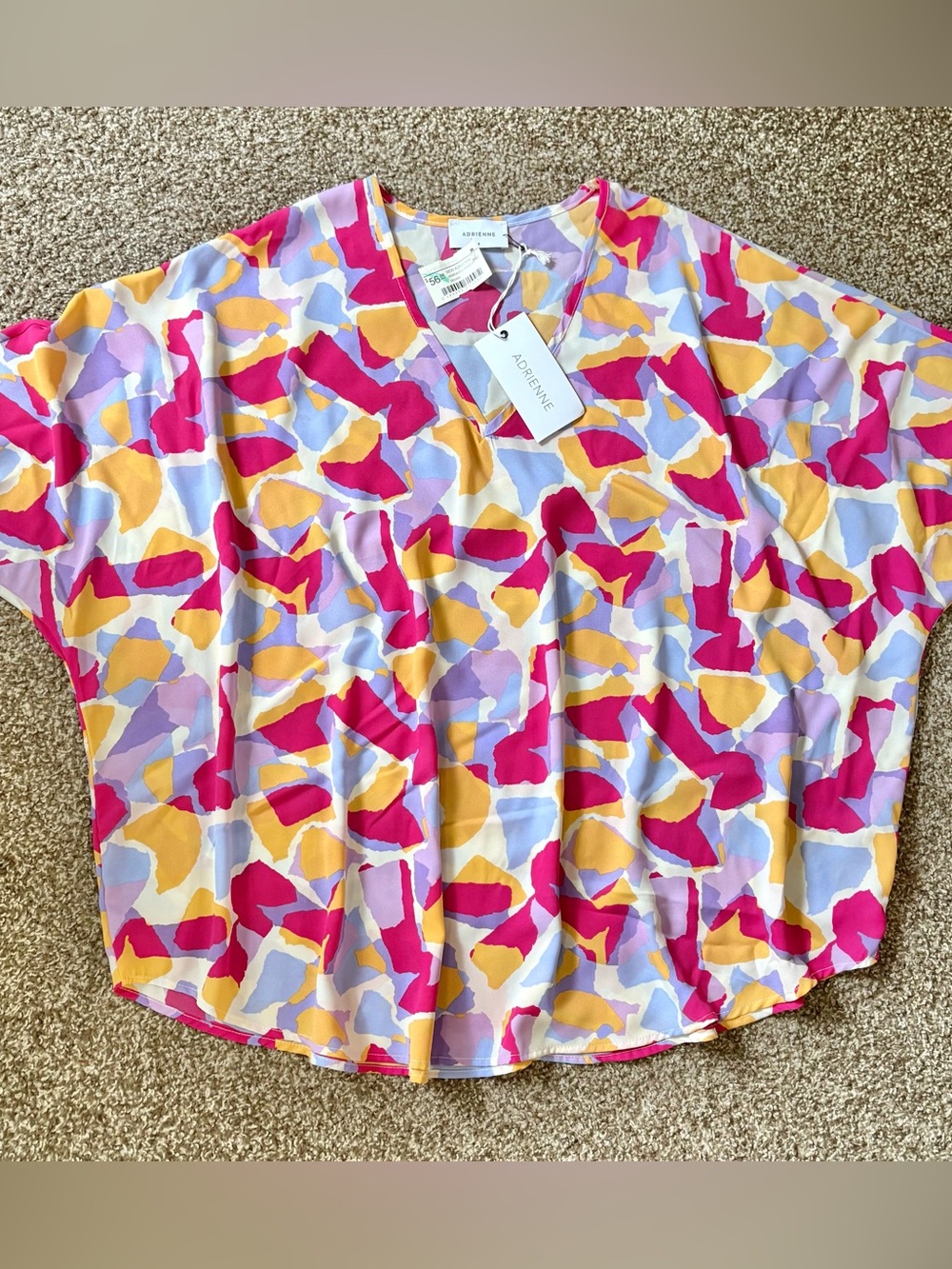 Adrienne Colorblock Abstract V-Neck Blouse in Pink, Yellow & Lavender